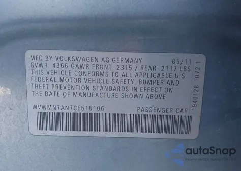 2012 Volkswagen Cc Sport z USA, uszkodzony, nr VIN WVWMN7AN7CE515106